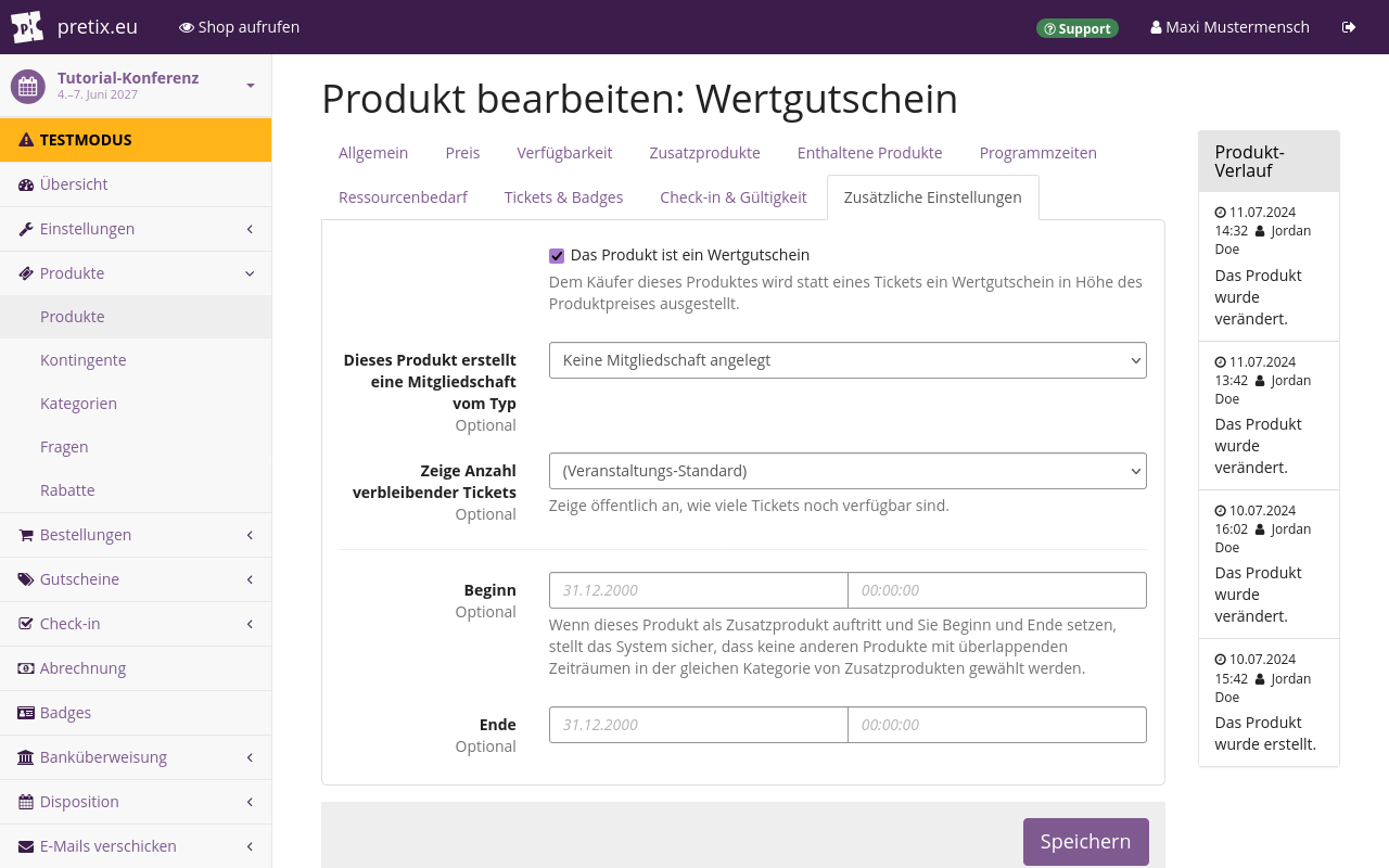 Auf der Seite "Produkt bearbeiten: Wertgutschein" ist auf dem Reiter "Zusätzliche Einstellungen" das Kontrollkästchen neben "Dieses Produkt ist ein Wertgutschein" aktiviert.