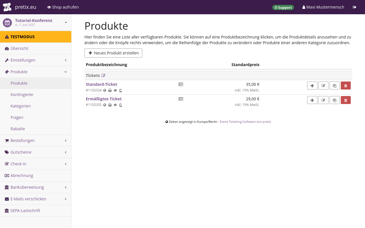 Page titled 'Products', showing a list of products containing two entries and a button for creating a new product.