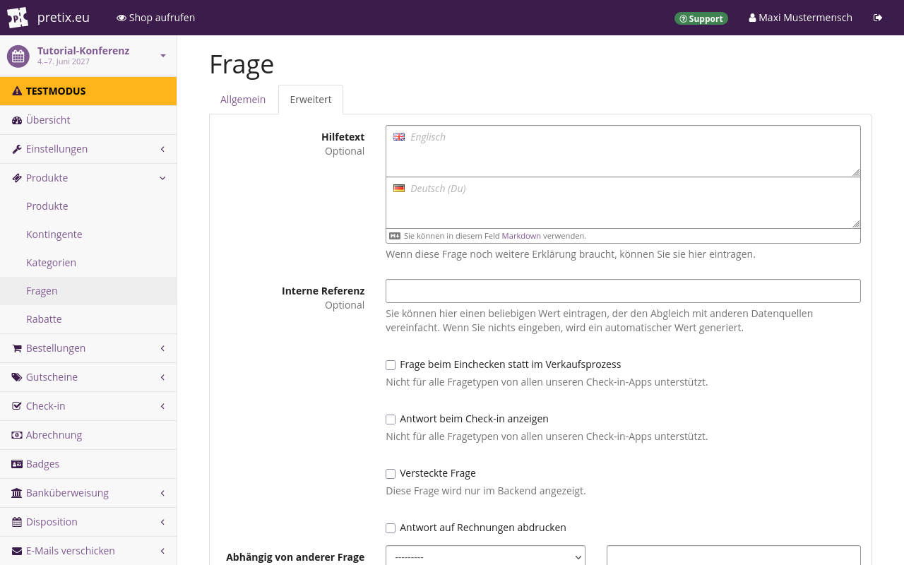 Seite mit dem Titel 'Frage'. Sie zeigt den Reiter "Erweitert" mit Eingabefeldern für Hilfetext in zwei Sprachen und für die interne Referenz.