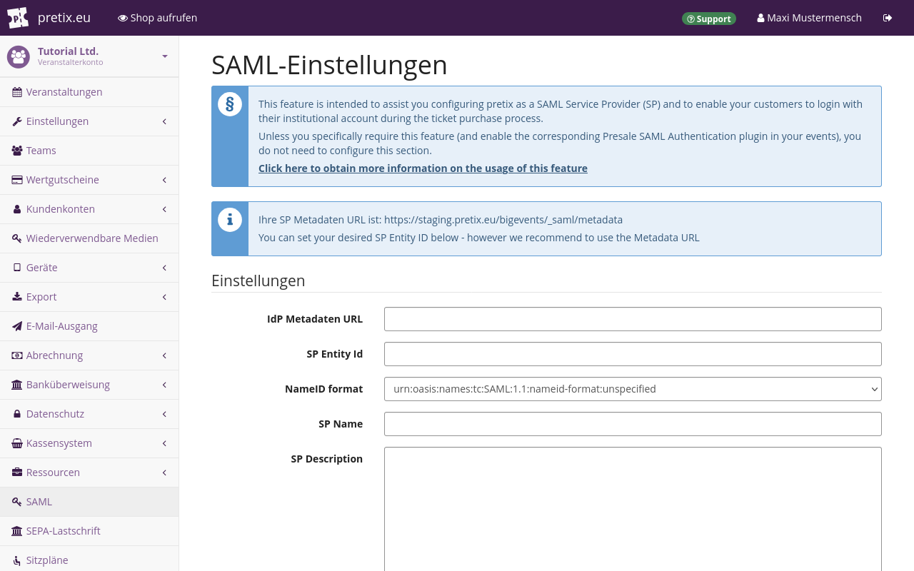 Die Seite "SAML-Einstellungen" zeigt die Einstellungen für die URL mit den IdP-Metadaten, die SP-Entity-ID, das NameID-Format sowie den Namen und die Beschreibung für den SP.