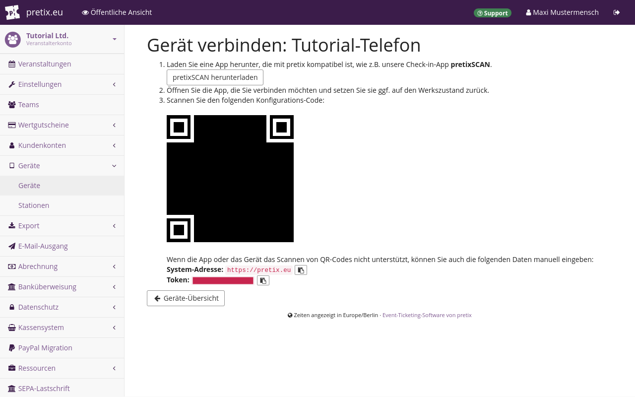 Screenshot Gerät verbinden Seite "Gerät verbinden" mit Anleitungen zum Installieren von pretixSCAN, einem QR-Code und einem Token.