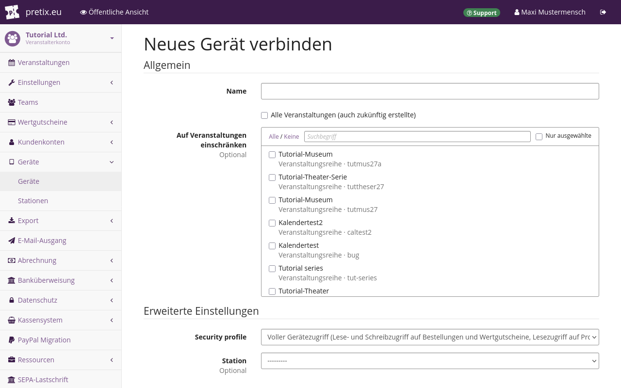 Screenshot Neues Gerät verbinden Seite "Neues Gerät verbinden" mit Optionen für den Gerätenamen, den Zugriff auf Veranstaltungen, das Sicherheitsprofil und die Station.
