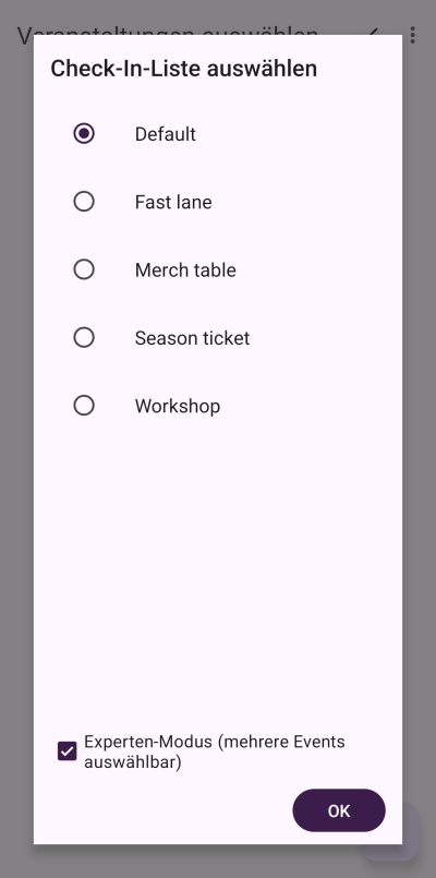 Experten-Modus Eine Seite in pretixSCAN mit dem Titel 'Check-In-Liste auswählen'. Das Kästchen neben 'Experten-Modus (mehrere Events auswählbar)' ist markiert.