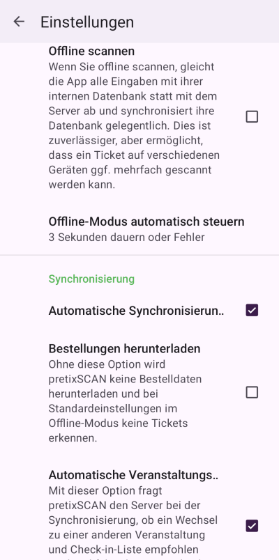 Offline-Modus automatisch steuern Seite mit Einstellungen in pretixSCAN. 'Offline scannen' ist deaktiviert. Für 'Offline-Modus automatisch steuern' ist '3 Sekunden dauern oder Fehler' eingestellt.