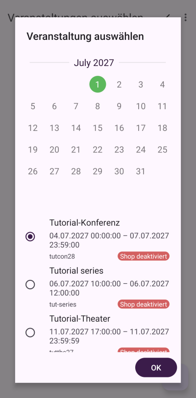 Screenshot Veranstaltung auswählen Bildschirm in pretixSCAN mit der Aufforderung, die Veranstaltung zu wählen, für die Sie Tickets scannen möchten.