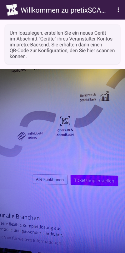 Screenshot Willkommen zu pretixSCAN! Bildschirm mit dem Titel "Willkommen zu pretixSCAN!", der Sie auffordert, das Gerät mit dem Backend zu verbinden.