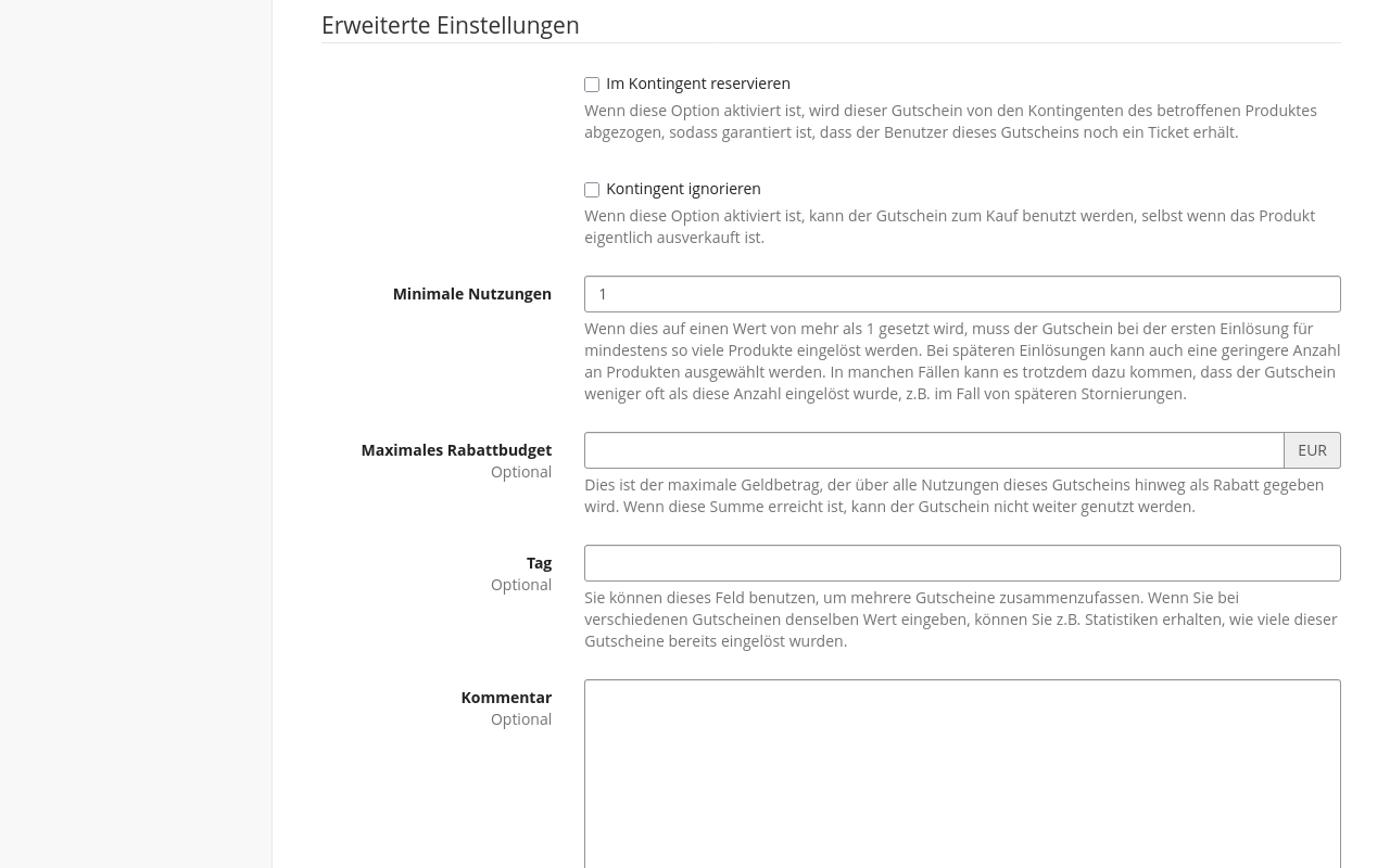 Seite mit dem Titel "Mehrere Gutscheine erstellen", hervorgehoben sind die Optionen zum Reservieren von Tickets aus einem Kontingent und zum Umgehen von Kontingenten.