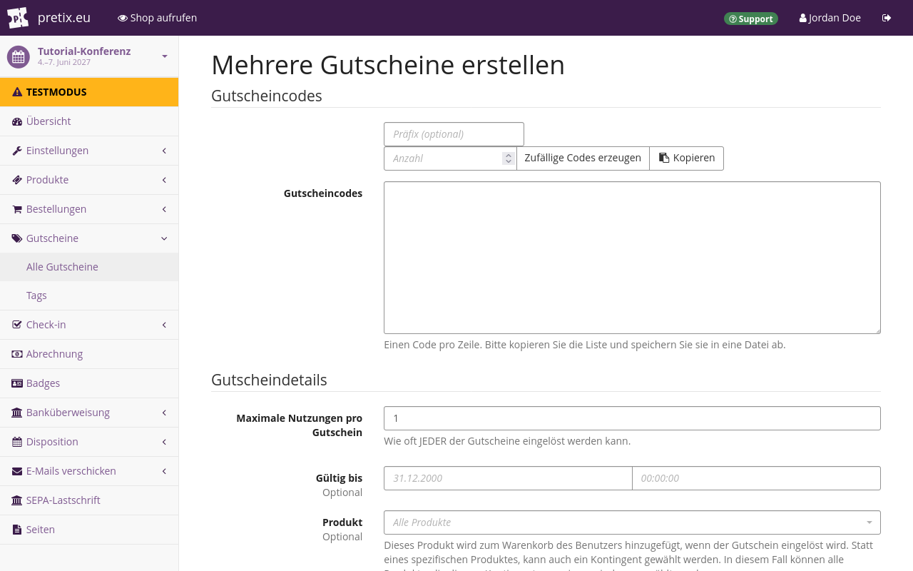 Seite mit dem Titel "Mehrere Gutscheine erstellen", die Optionen zum Erstellen mehrerer Gutscheincodes zeigt.