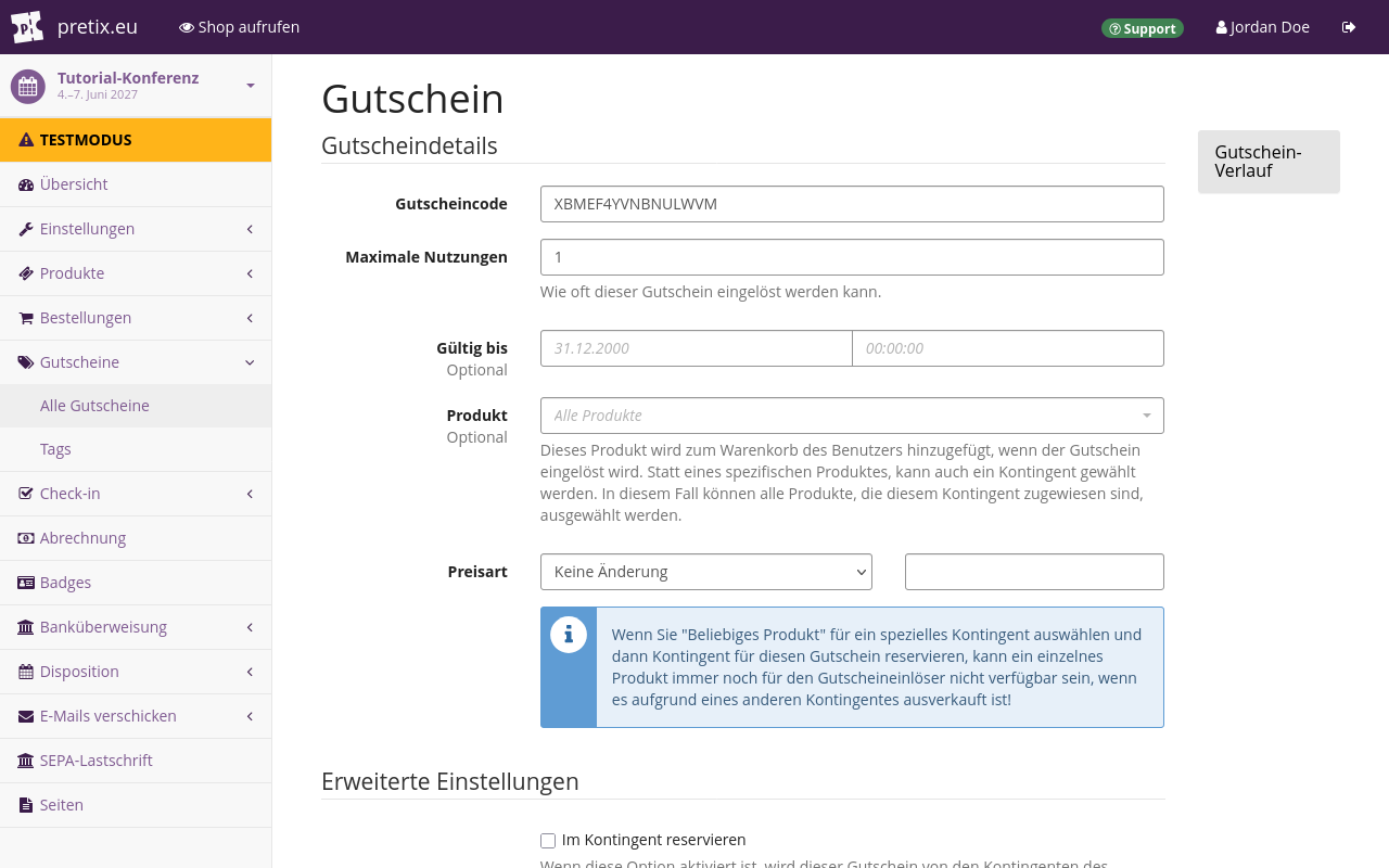 Seite mit dem Titel "Gutschein", die Optionen zum Erstellen eines einzelnen Gutscheincodes zeigt.