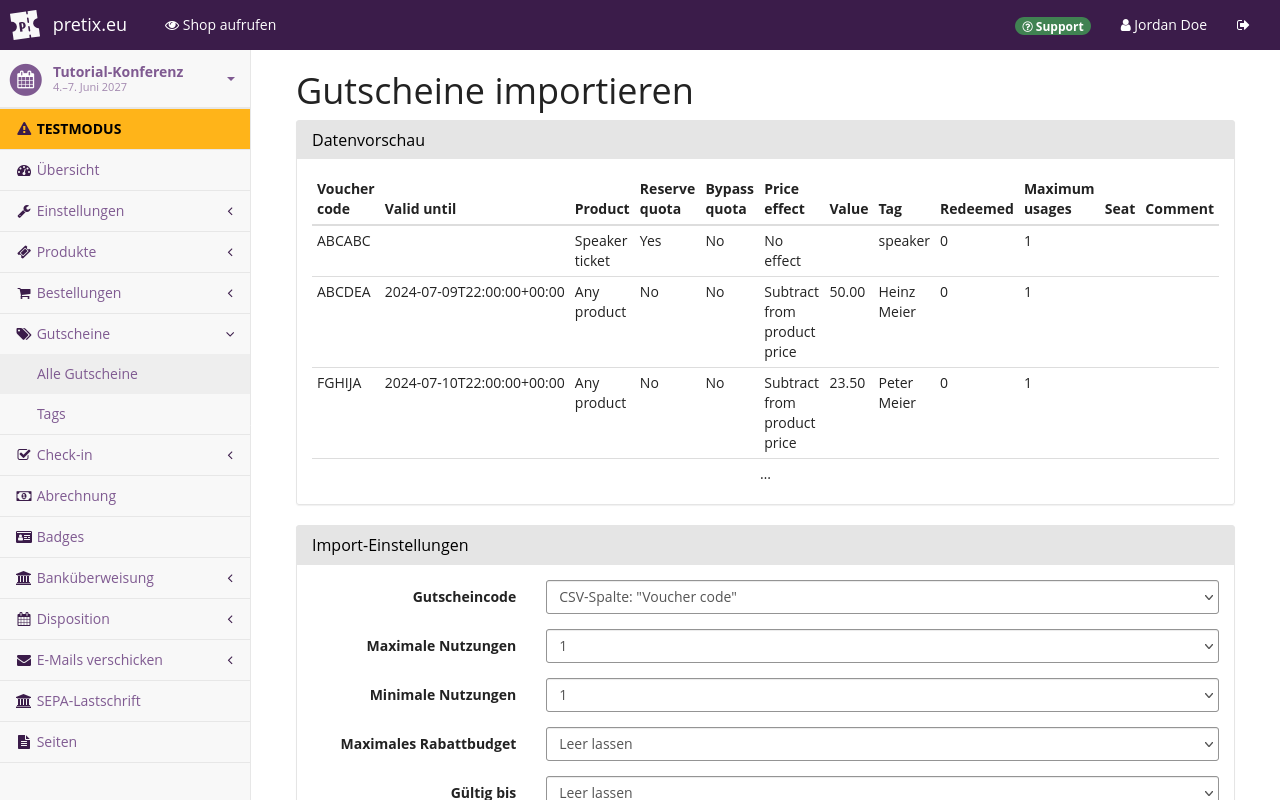 Seite mit dem Titel "Gutscheine importieren", die eine Vorschau der hochgeladenen Daten und die Einstellungen für den Import zeigt.