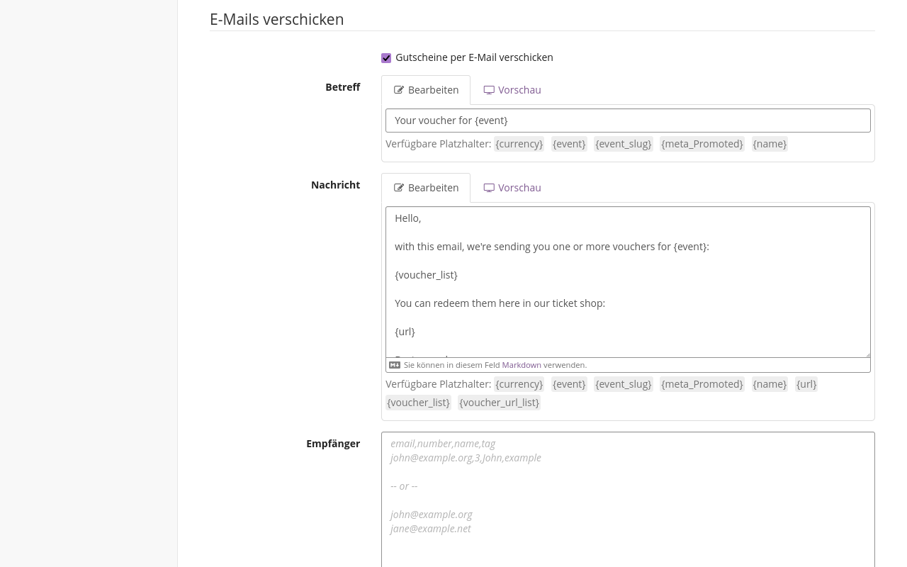 Seite mit dem Titel "Mehrere Gutscheine erstellen", die Optionen zum Versenden von E-Mails zeigt.