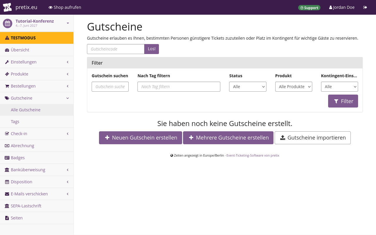 Seite mit dem Titel "Gutscheine", die einen Überblick über alle bereits erstellten Gutscheine, Optionen zum Suchen und Filtern von Gutscheinen, sowie Buttons zum Erstellen oder Importieren von Gutscheinen zeigt.